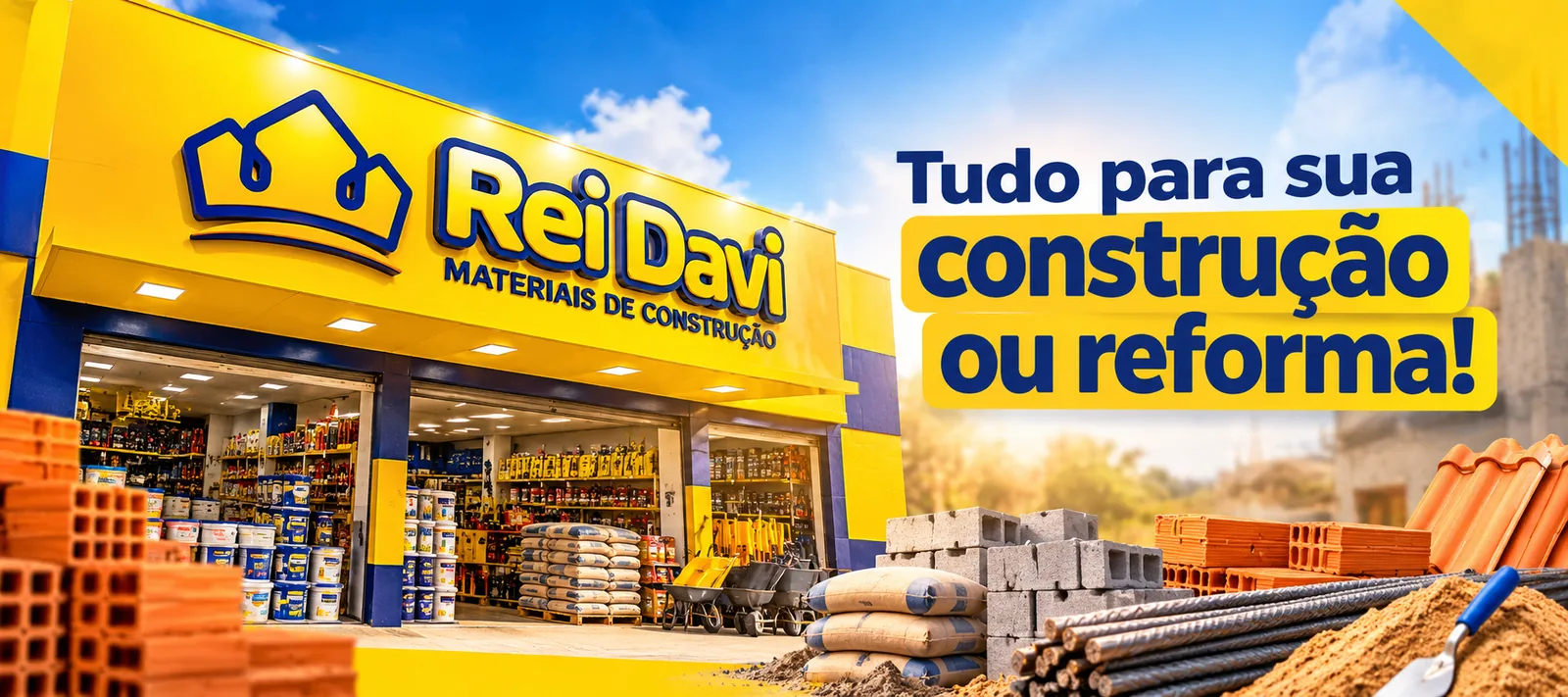 Fachada amarela e azul da Rei Davi Materiais de Construção com blocos, cimento e telhas, e a frase Tudo para sua construção ou reforma